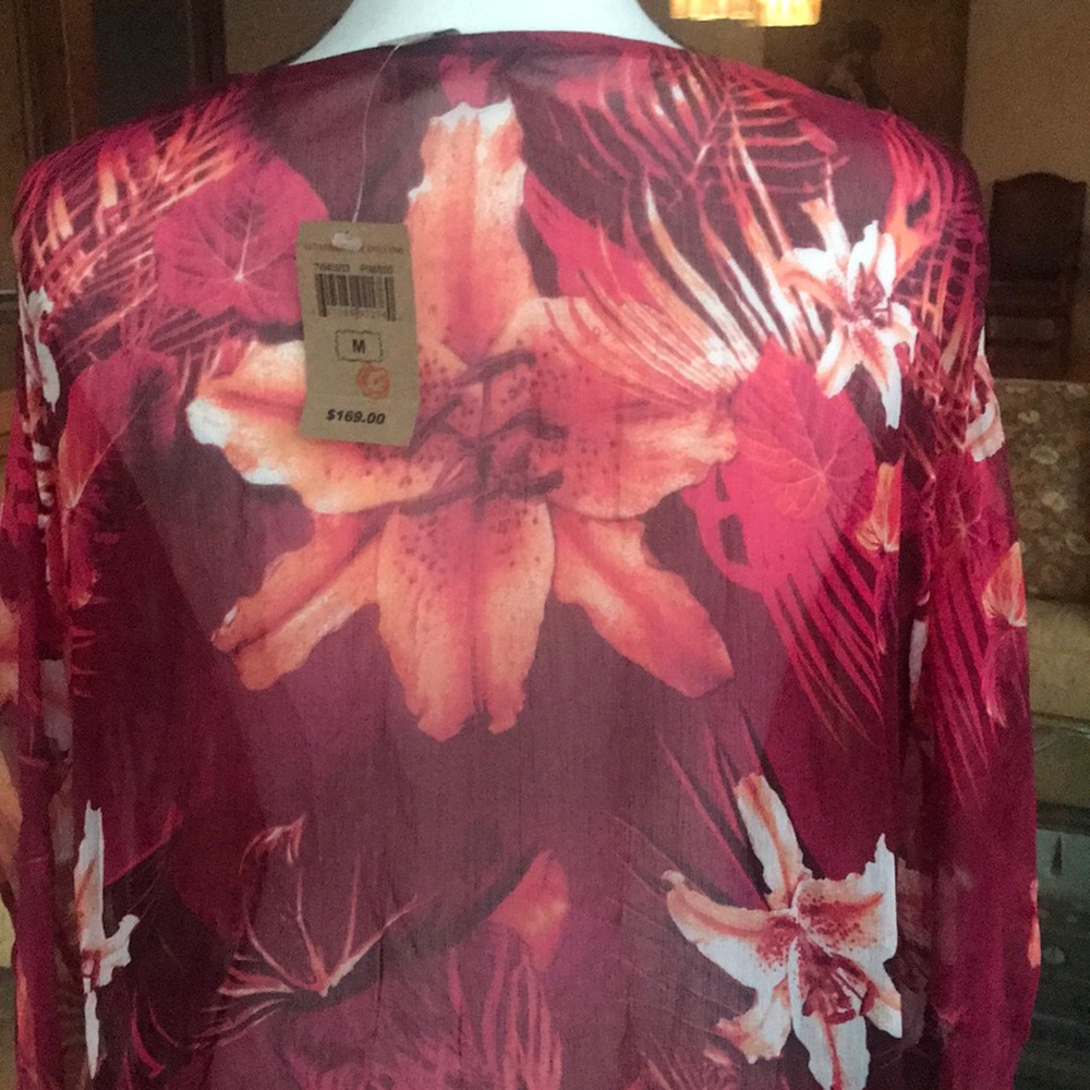 💕Lucky brand. Deep Raspberry Floral , Sheer Maxi cover-up/ long tunic ! 🌸🌷🦋 - Picture 7 of 9